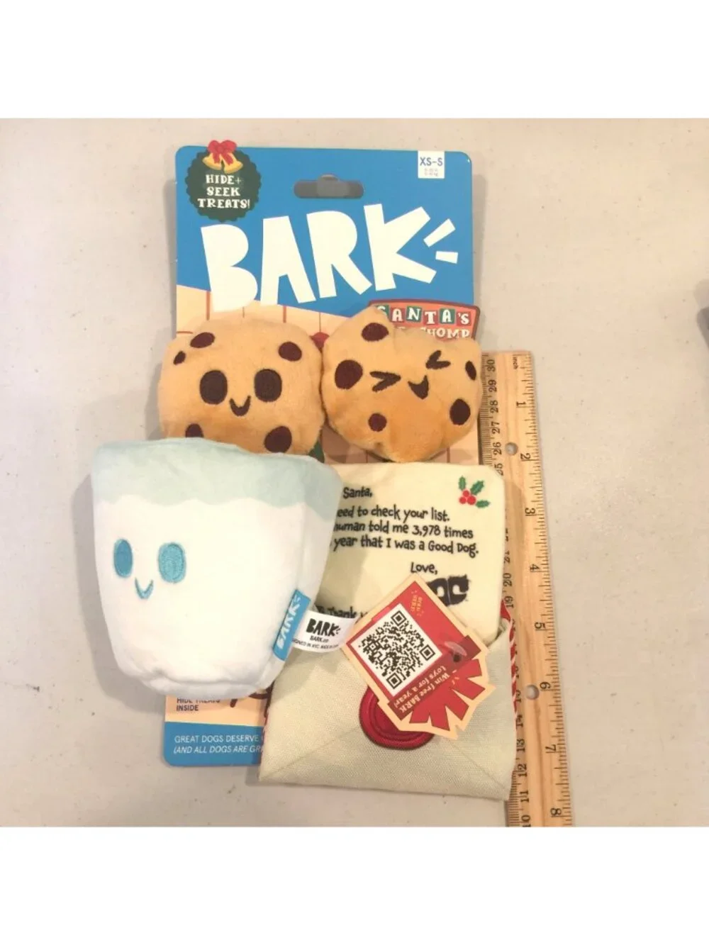 BARK Letter Fur Santa all Dog Toy Squeaky 4 Pieces Cookie Milk Letter